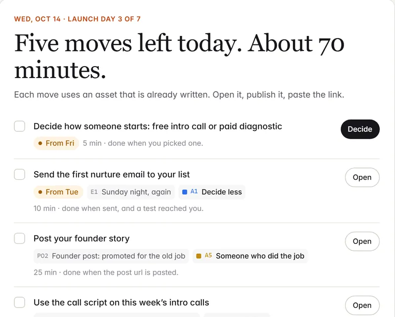 Launch day 3 of 7 in the sample: five moves left today, about 70 minutes.